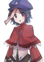 Rule 34 | 1girl, :o, black ribbon, blush, cabbie hat, capelet, commentary request, cross-laced clothes, grey eyes, hat, hat ornament, jiangshi, long sleeves, looking at viewer, miyako yoshika, ofuda, open mouth, parted bangs, purple hair, purple hat, red capelet, red shirt, ribbon, shirt, short hair, simple background, solo, star (symbol), star hat ornament, tare (tonikaku magaru), touhou, upper body, white background, wide sleeves