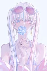 Rule 34 | 1girl, absurdres, bare shoulders, bikini, blue eyes, blue hair, candy, covered mouth, eyewear on head, fingernails, food, grey background, halterneck, hand tattoo, hand up, head tilt, heterochromia, highres, hirota tsuu, holding, holding candy, holding food, holding lollipop, lightning bolt symbol, lollipop, looking at viewer, multicolored hair, off shoulder, original, pink eyes, pink hair, razor blade, simple background, solo, string bikini, sunglasses, swimsuit, tattoo, twintails, two-tone hair, upper body
