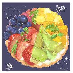 Rule 34 | absurdres, artist name, blueberry, food, food focus, fruit, fruit tart, grapes, highres, kiwi (fruit), kiwi slice, no humans, original, strawberry, strawberry slice, takisou sou, tart (food)