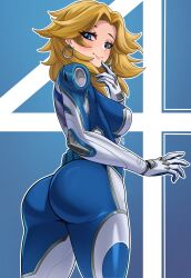 1girl ass blonde_hair blue_background blue_bodysuit blue_eyes bodysuit breasts cowboy_shot earrings fantastic_four highres jewelry long_hair looking_at_viewer looking_back marvel marvel_rivals medium_breasts medium_hair smile solo sue_storm superhero_costume two-tone_bodysuit unusualpie white_bodysuit