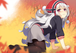 Rule 34 | 1girl, aged down, all fours, autumn leaves, azur lane, beanie, black shirt, blurry, blurry foreground, blush, brown pantyhose, closed mouth, commentary request, depth of field, graf zeppelin (azur lane), grey hair, grey skirt, hair between eyes, hat, highres, leaf, long hair, long sleeves, looking at viewer, looking to the side, maple leaf, no shoes, olive (laai), pantyhose, red eyes, red hat, shirt, skirt, soles, solo, tree, very long hair, zeppy (azur lane)