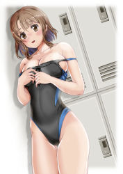 Rule 34 | 1girl, asymmetrical bangs, bare shoulders, blush, breasts, brown eyes, brown hair, cleavage, clothes pull, collarbone, competition swimsuit, highleg, highleg swimsuit, highres, large breasts, locker, locker room, looking at viewer, mashinatsu, one-piece swimsuit, one-piece swimsuit pull, open mouth, original, short hair, sideboob, smile, solo, standing, swimsuit, thighs
