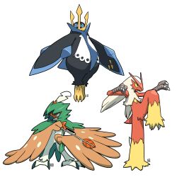 Rule 34 | absurdres, arrow (projectile), bird, blaziken, blue eyes, bow, colored sclera, commentary request, creatures (company), decidueye, empoleon, game freak, gen 3 pokemon, gen 4 pokemon, gen 7 pokemon, highres, holding, holding arrow, knee up, long hair, looking at viewer, muu (mumumer), nintendo, no humans, orange bow, owl, penguin, pokemon, pokemon (creature), simple background, spikes, standing, standing on one leg, talons, very long hair, white background, white hair, yellow sclera