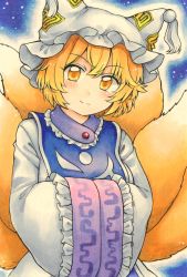 Rule 34 | 1girl, animal hat, blonde hair, blue tabard, breasts, closed mouth, commentary request, dress, fox tail, frills, hands in opposite sleeves, happy, hat, highres, kitsune, long sleeves, maa (forsythia1729), marker (medium), medium breasts, mob cap, multiple tails, short hair, smile, tabard, tail, tassel, touhou, traditional media, white dress, white hat, wide sleeves, yakumo ran, yellow eyes