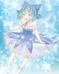 Rule 34 | 1girl, adapted costume, anklet, bare shoulders, barefoot, blonde hair, blue dress, blue hair, blush, bow, cirno, collarbone, dress, female focus, hair bow, ice, ice wings, jewelry, layered dress, looking at viewer, mushi baibai, off shoulder, open mouth, outstretched arms, pigeon-toed, see-through, smile, solo, touhou, white dress, wings