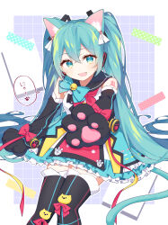 Rule 34 | 1girl, alternate costume, animal ears, animal hands, aqua bow, aqua bowtie, aqua dress, bell, black thighhighs, border, bow, bowtie, cat ears, cat tail, commentary, drawing kanon, dress, feet out of frame, gloves, green eyes, green hair, grid background, hatsune miku, highres, long hair, looking at viewer, miku day, multicolored clothes, multicolored dress, neck bell, open mouth, paw gloves, purple background, red dress, simple background, smile, solo, speech bubble, tail, thighhighs, translated, very long hair, vocaloid