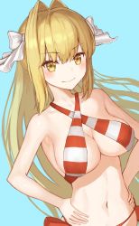 Rule 34 | 1girl, absurdres, bikini, blonde hair, blue background, breasts, closed mouth, fate/grand order, fate (series), hair intakes, hair ribbon, halterneck, hands on own hips, highres, hoshibudou, large breasts, long hair, looking at viewer, navel, nero claudius (fate), nero claudius (fate) (all), nero claudius (swimsuit caster) (fate), ribbon, side-tie bikini bottom, simple background, smile, solo, striped bikini, striped clothes, swimsuit, white ribbon, yellow eyes