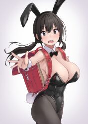 Rule 34 | 1girl, animal ears, backpack, bag, black bow, black bowtie, black eyes, black hair, black leotard, black pantyhose, bow, bowtie, breasts, cleavage, detached collar, grey background, hair between eyes, highres, large breasts, leotard, long hair, natsuishi nana, open mouth, oppai loli, original, pantyhose, playboy bunny, rabbit ears, rabbit tail, randoseru, simple background, smile, standing, tail, teeth, twintails, upper teeth only, wrist cuffs