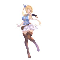 Rule 34 | 1girl, :d, absurdres, black sleeves, blonde hair, blue bow, blue shirt, boots, bow, breasts, brown eyes, brown footwear, chage (chage 00), collared shirt, detached sleeves, fairy tail, floating hair, full body, hair bow, highres, holding, key, large breasts, long hair, long sleeves, lucy heartfilia, miniskirt, open mouth, ponytail, shirt, sideboob, simple background, single sleeve, skirt, sleeveless, sleeveless shirt, smile, solo, swept bangs, thigh boots, thigh gap, white background, white skirt, wing collar, wrist cuffs