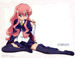 Rule 34 | 00s, 1girl, 2008, absurdres, copyright name, flat chest, fujii masahiro, full body, highres, legs, long hair, louise francoise le blanc de la valliere, mary janes, naughty face, pentacle, pink eyes, pink hair, school uniform, shoes, sitting, smile, solo, thighhighs, wand, white background, zero no tsukaima, zettai ryouiki