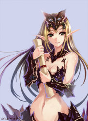 Rule 34 | 1girl, bare shoulders, blonde hair, blood elf (warcraft), breasts, cleavage, elf, green eyes, long hair, navel, pointy ears, scroll, simple background, small breasts, smile, solo, tears, warcraft, wide hips, windforcelan, world of warcraft
