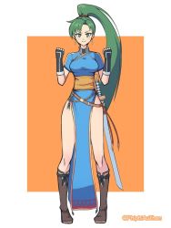 Rule 34 | 1girl, asymmetrical bangs, asymmetrical hair, bare legs, black gloves, blue dress, boots, breasts, brown footwear, clenched hands, corrupted metadata, dress, earrings, fingerless gloves, fire emblem, fire emblem: the blazing blade, full body, gloves, green eyes, green hair, high collar, jewelry, katana, long hair, looking at viewer, lyn (fire emblem), medium breasts, nintendo, orange background, pelvic curtain, phiphi-au-thon, ponytail, sash, short sleeves, side slit, simple background, smile, solo, standing, sword, thighs, turtleneck, twitter username, two-tone background, weapon, white background