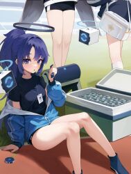Rule 34 | 3girls, bare legs, black buruma, black shirt, blue archive, blue jacket, buruma, cooler, drone, half updo, halo, hand up, hasumi (blue archive), hasumi (track) (blue archive), highres, id card, jacket, knees up, long hair, long sleeves, looking at viewer, mari (blue archive), mari (track) (blue archive), multiple girls, off shoulder, official alternate costume, open mouth, purple eyes, purple hair, sbbs, shirt, shoes, short sleeves, sitting, solo focus, thighs, yuuka (blue archive), yuuka (track) (blue archive)