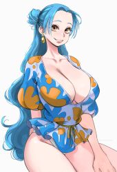 Rule 34 | 1girl, absurdres, arm behind back, blue hair, blue shirt, breasts, cleavage, earrings, hand on own thigh, highres, jewelry, joy boy, large breasts, light brown eyes, long hair, looking at viewer, nefertari vivi, one piece, panties, parted bangs, patterned clothing, puffy sleeves, shirt, smile, underwear, white background, white panties