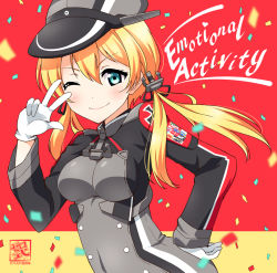 Rule 34 | 10s, 1girl, anchor hair ornament, blonde hair, blue eyes, confetti, gloves, green eyes, hair ornament, hand on own hip, hat, kantai collection, looking at viewer, low twintails, military, military hat, military uniform, one eye closed, peaked cap, prinz eugen (kancolle), simple background, smile, solo, syuurin, twintails, uniform, v, v over eye, white gloves