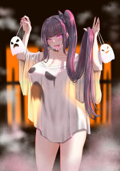 Rule 34 | 1girl, architect (girls&#039; frontline), arms up, bare shoulders, blunt bangs, breasts, cleavage, collarbone, covered erect nipples, cowboy shot, cross pasties, fingernails, ghost, ghost print, girls&#039; frontline, glowing, glowing eyes, halloween costume, highres, large breasts, long fingernails, long hair, looking at viewer, multicolored hair, off-shoulder shirt, off shoulder, open mouth, oversized clothes, pasties, popoman, purple eyes, purple hair, red nails, sangvis ferri, see-through, see-through silhouette, shirt, side ponytail, smile, solo, steam, streaked hair, tongue, tongue out, very long hair, white shirt