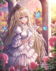 Rule 34 | 1girl, blonde hair, blue eyes, blurry, blurry background, blurry foreground, breasts, bug, butterfly, dress, flower, frilled thighhighs, frills, gloves, hand on own chest, highres, insect, long hair, looking at viewer, medium breasts, mirukurim, outdoors, phantasy star, phantasy star online 2, ponytail, rose, solo, thighhighs, white dress, white gloves, white thighhighs