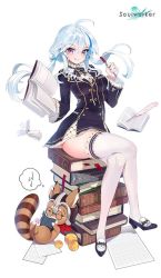 Rule 34 | 1girl, ahoge, alternate costume, animal, black footwear, black jacket, black ribbon, book, breasts, commentary request, copyright name, damda, feathers, jacket, large breasts, long hair, looking at viewer, paper, ribbon, simple background, sitting, solo, soulworker, thighhighs, twintails, white background, white hair, white thighhighs
