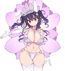 Rule 34 | 1girl, animal ears, bare shoulders, beads, black hair, breasts, cleavage, closed mouth, commentary, cool-kyou shinja, cowboy shot, curvy, elbow gloves, fake animal ears, floating hair, flower, gloves, gradient hair, groin, hair flower, hair ornament, highres, komori-san wa kotowarenai!, komori shuri, large breasts, long hair, looking at viewer, multicolored hair, navel, official art, purple hair, rabbit ears, red eyes, samba, smile, solo, thick thighs, thighhighs, thighs, underboob, white gloves, wide hips