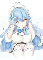 Rule 34 | 1girl, absurdres, ahoge, beret, blue bow, blue hair, blue jacket, bow, breasts, cleavage, cleavage cutout, clothing cutout, elf, flower, from above, fur trim, hair flower, hair ornament, half updo, hat, heart, heart ahoge, heart hair, highres, hololive, jacket, komasi, large breasts, long hair, off shoulder, pointy ears, sitting, solo, virtual youtuber, white flower, white hat, yellow eyes, yukihana lamy