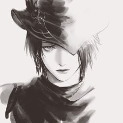Rule 34 | 1girl, androgynous, black hair, black hat, commentary, ear piercing, earrings, expressionless, final fantasy, final fantasy xiv, grey eyes, hat, hat ornament, hat over one eye, highres, hyur, jewelry, looking at viewer, monochrome, one eye covered, piercing, portrait, short hair, simple background, solo, straight-on, symbol-only commentary, wangdajiu1, white background, zero (ff14)