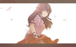 Rule 34 | 1girl, ^ ^, brown hair, closed eyes, dress, earrings, closed eyes, fate/stay night, fate/zero, fate (series), female focus, grainne (fate), hair ornament, jewelry, letterboxed, long hair, looking back, pink dress, semillon, smile, solo, white background