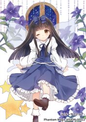 Rule 34 | 1girl, black hair, blue bow, blue dress, blunt bangs, blush, bow, brown eyes, brown footwear, character name, closed mouth, dress, fairy, fairy wings, flower, frilled dress, frills, hair bow, highres, long hair, long sleeves, looking at viewer, one eye closed, purple flower, shoes, smile, solo, star (symbol), star sapphire, torii sumi, touhou, wide sleeves, window, wings