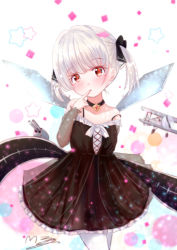 Rule 34 | 1girl, aged down, aircraft, airplane, alternate costume, arm behind back, azur lane, bare shoulders, biplane, black dress, blunt bangs, blush stickers, breasts, choker, collarbone, commentary request, dress, finger to mouth, flight deck, formidable (azur lane), head tilt, long hair, looking at viewer, m ko (maxft2), machinery, pantyhose, parted lips, red eyes, sidelocks, small breasts, solo, turret, twintails, white hair, white pantyhose