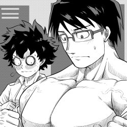Rule 34 | 2boys, alternate pectoral size, bara, bare pectorals, blush, boku no hero academia, breast envy, from side, girl staring at guy&#039;s chest (meme), glasses, greyscale, highres, iida tenya, large pectorals, looking at another, looking down, male focus, meme, midoriya izuku, monochrome, multiple boys, muscle envy, muscular, muscular male, nipples, open clothes, open shirt, pectoral focus, pectorals, short hair, sideburns, tofuboyz, undressing, upper body, veins, yaoi