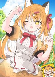 Rule 34 | 1girl, animal ears, apron, arm up, blush stickers, bow, bowtie, buttons, chibi, colored inner hair, commentary, fang, fingernails, fox ears, fox girl, hair ribbon, highres, kamiyoshi rika, light blush, multicolored hair, one eye closed, one side up, open mouth, orange hair, original, outdoors, puffy short sleeves, puffy sleeves, red bow, red bowtie, red ribbon, ribbon, short sleeves, solo, upper body, white hair, yellow eyes