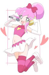 Rule 34 | 1girl, absurdres, battle spirits, belt, bow, elbow pads, floating, green eyes, hair bow, hair bun, heart, heart belt, heart in eye, heart print, highres, looking at viewer, microphone, midriff, my sunshine, navel, open mouth, pink belt, pink hair, pink shirt, pink thighhighs, red bow, shirt, shoes, sincos, skirt, solo, symbol in eye, thighhighs, white footwear, white skirt