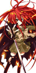 Rule 34 | 1girl, alastor (shakugan no shana), fire, highres, jewelry, nncat, pendant, red eyes, red hair, school uniform, serafuku, shakugan no shana, shana, solo, sword, thighhighs, torn clothes, weapon
