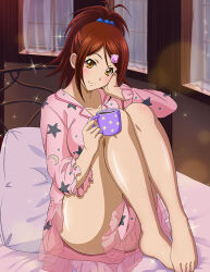 Rule 34 | 1girl, ass, bachou mouki, bare legs, barefoot, bed, bedroom, blue scrunchie, blush, breasts, brown eyes, brown hair, closed mouth, crescent print, feet, hair ornament, hair scrunchie, hairclip, high ponytail, holding, ikkitousen, indoors, large breasts, legs, lens flare, long hair, long sleeves, looking at viewer, miniskirt, pillow, pink shirt, pink skirt, scrunchie, shiny skin, shirt, sitting, skirt, sleepwear, smile, solo, star (symbol), star print, toenails, toes