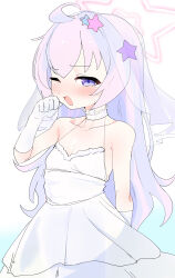 Rule 34 | 1girl, absurdres, ahoge, blue archive, blush, breasts, cleavage, collarbone, crying, crying with eyes open, dress, gloves, hair between eyes, hair ornament, halo, highres, long hair, multicolored hair, one eye closed, open mouth, pink hair, pink halo, purple eyes, purple hair, reisa (blue archive), rinki (rink2), small breasts, solo, star (symbol), star hair ornament, tears, white dress, white gloves