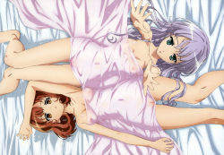 Rule 34 | 10s, 2girls, arm up, armpits, arms up, barefoot, bed, bed sheet, breasts, brown eyes, brown hair, cleft of venus, covered navel, female focus, foreshortening, from above, furukawa yui, green eyes, highres, legs, light purple hair, long hair, lying, multiple girls, naked sheet, nipples, nude, nude filter, on back, outstretched arms, pussy, sasaki kaori, see-through, short hair, small breasts, thighs, third-party edit, uncensored, ushinawareta mirai wo motomete