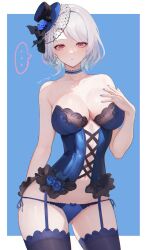Rule 34 | ..., 1girl, absurdres, bare arms, bare shoulders, black bow, blue background, blue bustier, blue choker, blue flower, blue nails, blue panties, blue rose, blue thighhighs, border, bow, breasts, bustier, choker, closed mouth, collarbone, cowboy shot, earrings, eoe, floralmi, flower, garter straps, grey hair, hand up, hat, hat bow, hat flower, highres, jewelry, kaomoji, lace, lace-trimmed thighhighs, lace-up top, lace choker, large breasts, looking at viewer, mini hat, navel, outside border, panties, purple eyes, rose, short hair, side-tie panties, solo, spoken ellipsis, star (symbol), star earrings, thighhighs, tilted headwear, underwear, virtual youtuber, white border, you&#039;en (eoe)