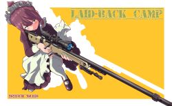 Rule 34 | 1girl, ai arctic warfare, alternate costume, bolt action, brown hair, enmaided, garter straps, gun, holding, holding gun, holding weapon, jagi (jagi souken), maid, maid headdress, nail polish, on one knee, rifle, simple background, sniper rifle, solo, thighhighs, toki ayano, weapon, yellow eyes, yurucamp
