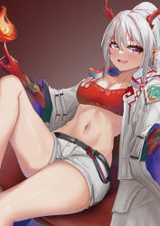 Rule 34 | 1girl, :d, absurdres, arknights, bandeau, beiwang, breasts, cleavage, commentary, fire, highres, horns, looking at viewer, medium breasts, medium hair, midriff, navel, nian (arknights), open mouth, pointy ears, purple eyes, reclining, short shorts, shorts, smile, solo, stomach, strapless, thighs, tube top, white hair, white shorts