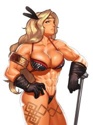 Rule 34 | 1girl, abs, amazon (dragon&#039;s crown), armlet, armor, biceps, bikini armor, black gloves, blonde hair, breasts, cessa, cleavage, commission, cowboy shot, dragon&#039;s crown, gloves, hand on own hip, large breasts, long hair, muscular, muscular female, simple background, solo, white background