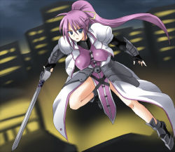 Rule 34 | 00s, armor, blue eyes, breasts, cityscape, fingerless gloves, gloves, laevatein (nanoha), large breasts, long hair, lyrical nanoha, mahou shoujo lyrical nanoha, mahou shoujo lyrical nanoha a&#039;s, mahou shoujo lyrical nanoha strikers, ment, pink hair, ponytail, signum, solo, sword, weapon