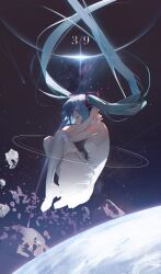 Rule 34 | 1girl, arms behind head, asteroid, boots, closed mouth, comet, dated, dress, fetal position, floating hair, hatsune miku, headphones, highres, long hair, miku day, o0oherb, planet, shoulder tattoo, sky, sleeveless, sleeveless dress, solo, star (sky), starry sky, tattoo, thigh boots, twintails, vocaloid, white dress, white footwear