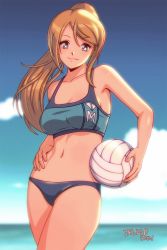 Rule 34 | 1girl, adapted costume, artist request, arwald, ball, bikini, blonde hair, blue bikini, blue sky, blurry, blurry background, breasts, cleavage, cloud, cowboy shot, highres, long hair, looking at viewer, metroid, navel, nintendo, outdoors, ponytail, samus aran, shadow, sky, smile, solo, swimsuit, volleyball, volleyball (object)