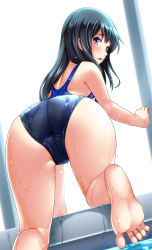 Rule 34 | 1girl, all fours, alternate costume, asashio (kancolle), ass, ass focus, barefoot, black hair, blue eyes, blue one-piece swimsuit, blush, breasts, climbing, competition school swimsuit, competition swimsuit, day, closed eyes, feet, from behind, hair between eyes, highres, indoors, kantai collection, long hair, looking at viewer, looking back, one-piece swimsuit, open mouth, pool, poolside, rei no pool, school swimsuit, small breasts, solo, swimsuit, thighs, toes, tsuchimiya, water, wet, wet clothes, wet swimsuit
