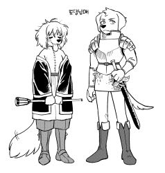 Rule 34 | 1girl, absurdres, armor, boots, brother and sister, chainmail, closed eyes, closed mouth, coat, dog boy, dog girl, dungeon meshi, falin touden, frown, full body, furrification, furry, furry female, furry male, gaman hada, greyscale, highres, holding, holding staff, knee boots, korean text, laios touden, monochrome, off shoulder, pants, plate armor, robe, short hair, siblings, sideways glance, simple background, smile, staff, sword, tongue, tongue out, weapon