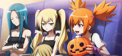 Rule 34 | 3girls, arm tattoo, bandeau, bare shoulders, blonde hair, blue hair, blush, breasts, chuck (shaman king), cleavage, closed eyes, collarbone, crossed arms, earrings, fingerless gloves, gloves, green eyes, hair between eyes, hair ornament, jack-o&#039;-lantern, jack the ripper (shaman king), jewelry, kanna bismarch, long hair, looking at another, marion phauna, matilda matisse, multiple girls, official art, open mouth, orange hair, purple eyes, scrunchie, shaman king, sitting, tattoo, teeth, twintails, upper teeth only