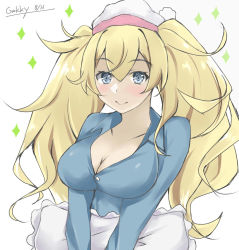 Rule 34 | 1girl, alternate costume, blonde hair, blue eyes, blue pajamas, breasts, gakky, gambier bay (kancolle), hairband, hat, kantai collection, large breasts, nightcap, one-hour drawing challenge, pajamas, pillow, smile, solo, sparkle background, twintails, upper body, white background