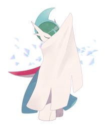 Rule 34 | arm up, blade, blurry, closed eyes, commentary request, covering own mouth, creatures (company), full body, gallade, game freak, gen 4 pokemon, jaho, mega gallade, mega pokemon, nintendo, pokemon, pokemon (creature), solo, spikes, standing, white background