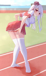 Rule 34 | 1girl, :|, absurdres, ass, bent over, blurry, blurry background, bokeh, chinese commentary, closed mouth, cloud, cloudy sky, commentary request, depth of field, grey hair, hair between eyes, hakomusume, hat, highres, light blush, long hair, looking at viewer, no shoes, original, outdoors, panties, pantyshot, red eyes, red skirt, running track, school uniform, serafuku, skirt, sky, soles, solo, sweat, thighhighs, thighs, underwear, white panties, white thighhighs