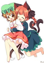 Rule 34 | 2girls, :d, ^ ^, animal ears, artist name, barefoot, brown eyes, brown hair, cat ears, cat girl, cat tail, chen, closed eyes, commentary request, dress, closed eyes, fang, female focus, full body, hug, hug from behind, kaenbyou rin, long sleeves, multiple girls, multiple tails, nekomata, open mouth, pila-pela, red dress, short hair, simple background, smile, tail, touhou, two tails, white background