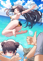 Rule 34 | 1boy, 1girl, :d, armpits, arms up, ass, barefoot, before and after, bikini, black bikini, black hair, breasts, brother and sister, bubble, cloud, cloudy sky, commentary request, double bun, emphasis lines, fang, feet, floating hair, grey shirt, hair bun, hair ornament, heart, heart hair ornament, lens flare, long hair, looking at another, looking back, medium breasts, midair, munakata hinano, ocean, one side up, open mouth, original, out of frame, outstretched arm, paid reward available, red eyes, shirt, short hair, siblings, side-tie bikini bottom, sideboob, sky, smile, soles, solo focus, sweatdrop, swimsuit, thought bubble, thumbs up, toes, tokuno yuika, trembling, water, wet, yellow bikini